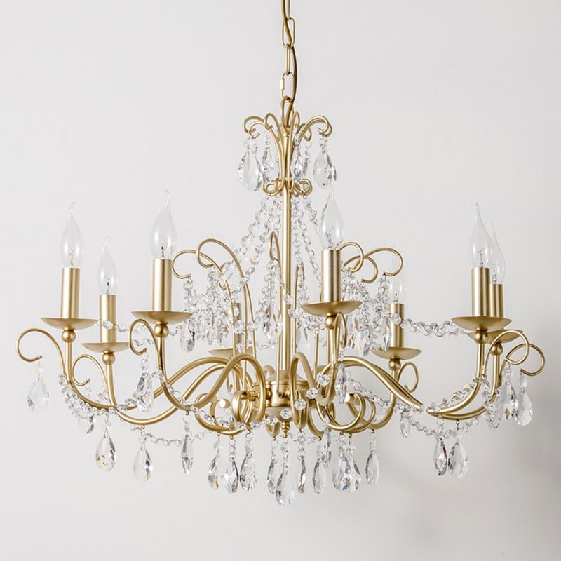 Frosted Gold French Style Chandelier Light with Candlestick Metal Multi Light Pendant with Clear Crystal