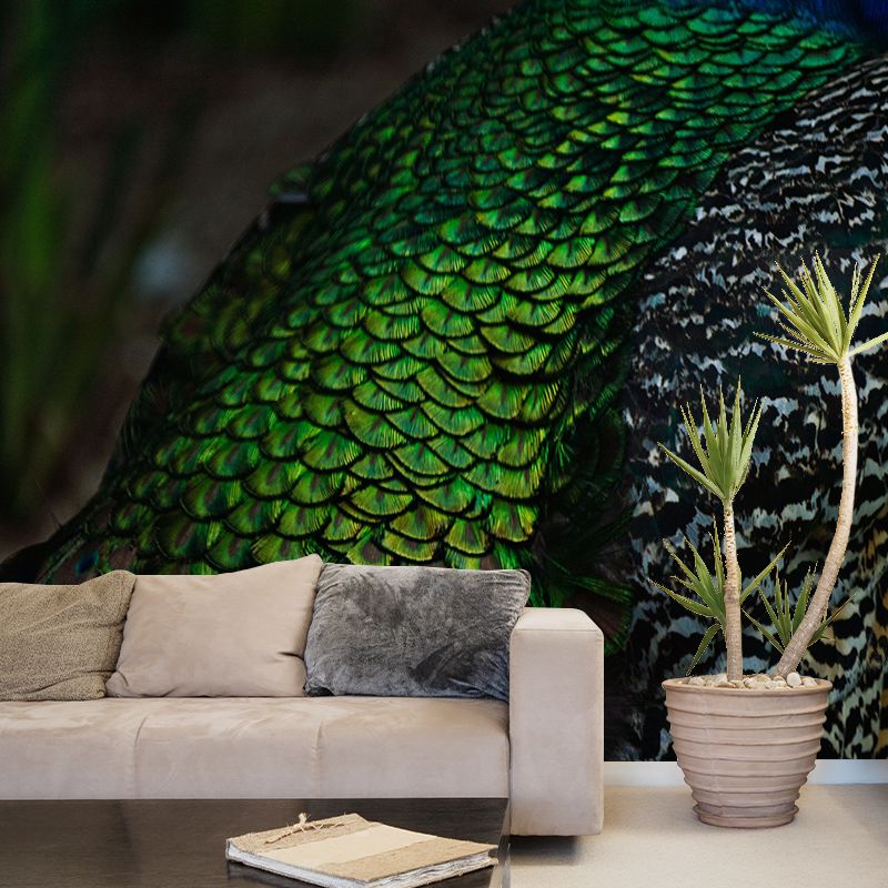 Tropical Style Mural Wallpaper Peacock Feather Wall Covering for Sitting Room
