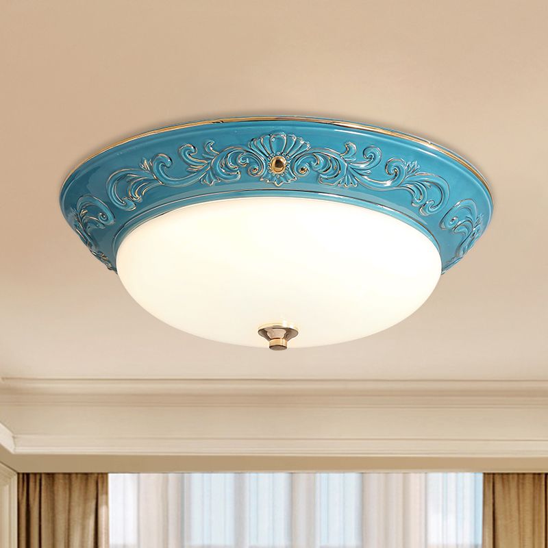 Oblong Bedroom Flush Mount Light Antiqued White Glass Yellow/Blue/Light Blue LED Flush Lamp, 12"/14.5"/17" Wide