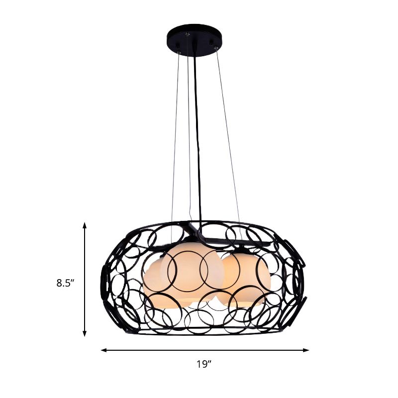 Ball White Glass Chandelier Lighting Contemporary 3 Lights White/Black Hanging Ceiling Lamp with Cage Design
