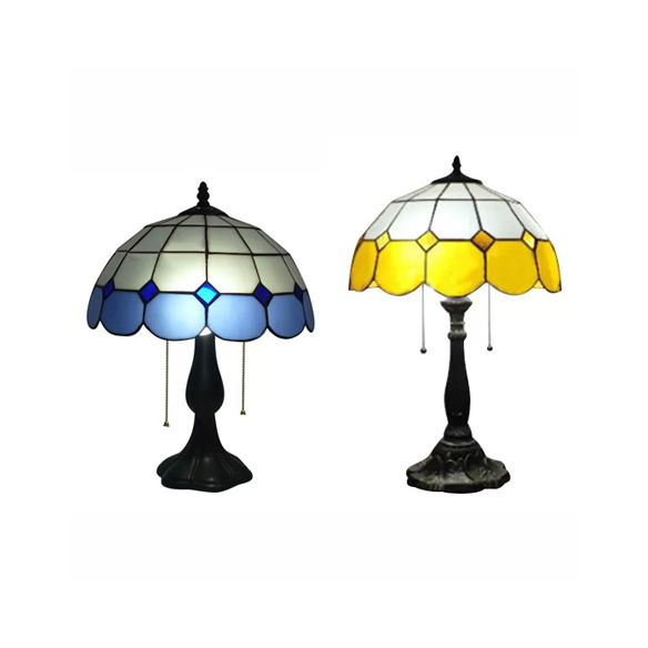 Traditional Dome Table Light with Grid Design Stained Glass 2 Lights Table Lighting in Blue/Yellow