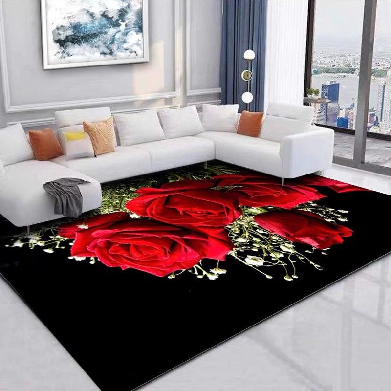 Black Modern Area Carpet Floral Pattern Polyester Area Rug Stain Resistant Rug for Home Decor