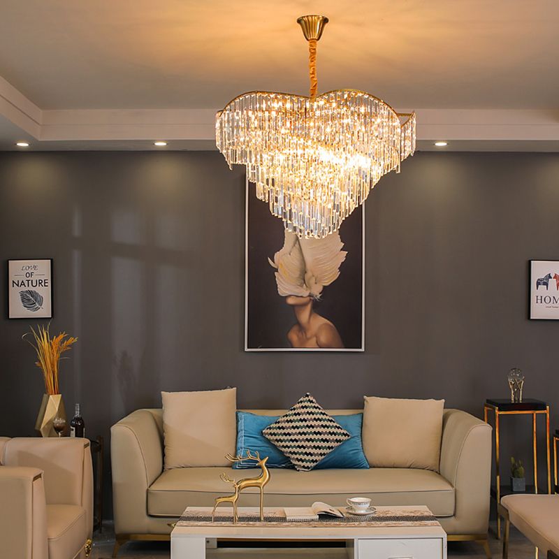 Spiral Hanging Light Postmodern Tri-Sided Clear Crystal Rod 5 Heads Gold Pendant Chandelier