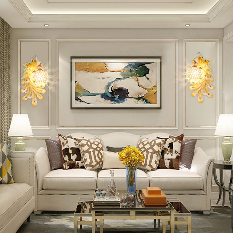 Lámpara de cristal y resina de luz de luz de pared abovedada con placa de pavo real izquierda/derecha en oro/verde, 1/2 paquetes