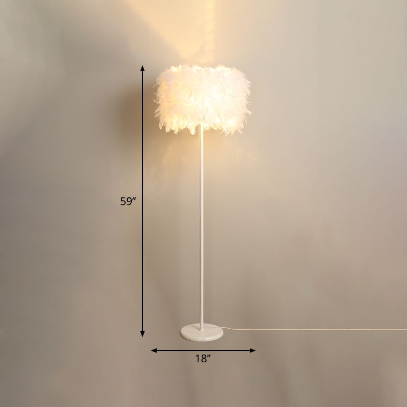 Drum Floor Reading Light Simplicity Feather 1-Light White Gooseneck/Straight Stand Up Lamp with/without Crystal Drape