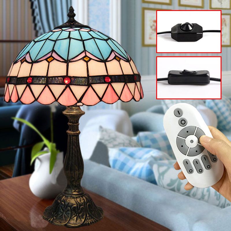 Single Table Light Mediterranean Dome Stained Glass Nightstand Lighting for Bedside