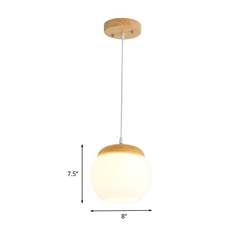 Sphere Hanging Light Fixture Simple Milky Glass 1-Head Wood Drop Pendant for Bedside