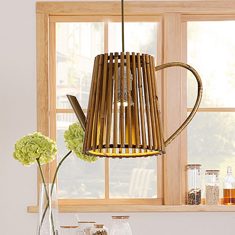 Bamboo Teapot Ceiling Lamp Asia 1 Head Khaki Hanging Light Fixture for Living Room