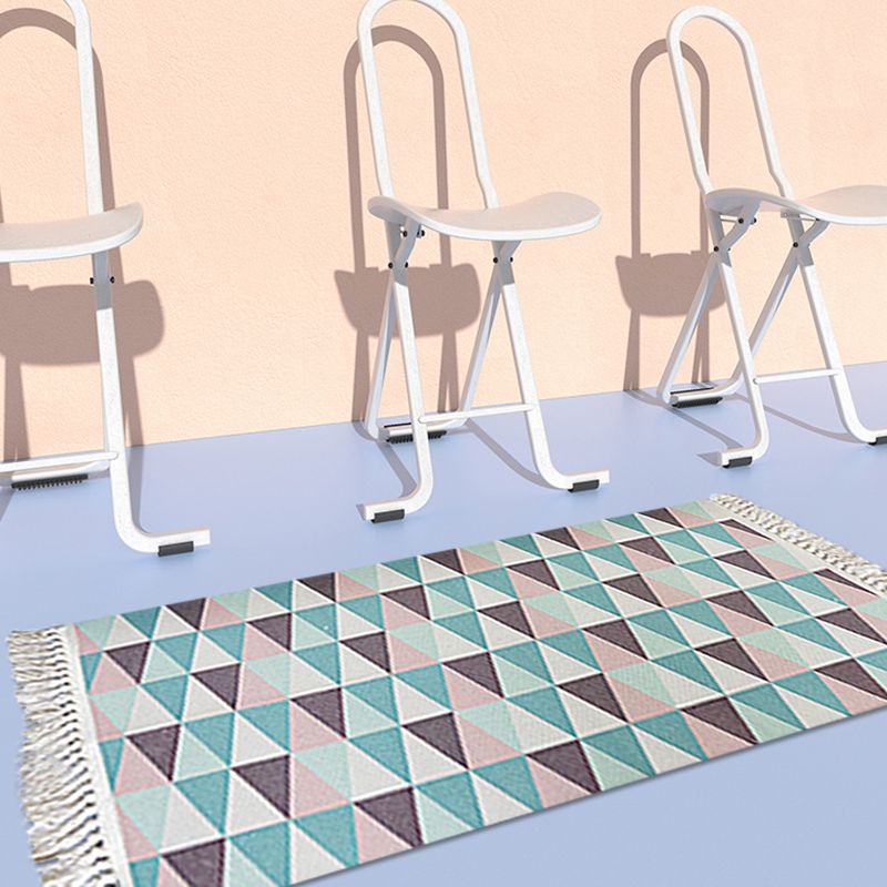 Blue Bedroom Rug Modern Geometric Pattern Rug Cotton Anti-Slip Backing Washable Area Rug