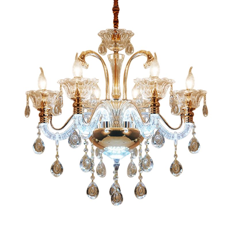 Clear Crystal Candle Chandelier Light Vintage 6 Bulbs Dining Room Hanging Lamp with Glass Shade