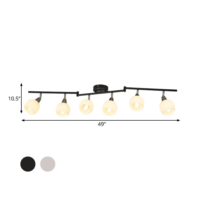 Linearer, verstellbarer, halbbündiger Industrie-Kronleuchter aus Eisen in Schwarz/Weiß mit 4/6 Lichtern und kuppelförmigem Glasschirm