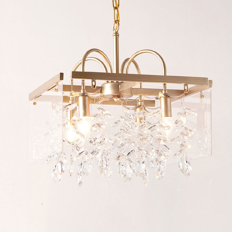 Gold Geometric Shaped Chandelier Antique Metal Dining Room Hanging Lighting with Crystal Drops