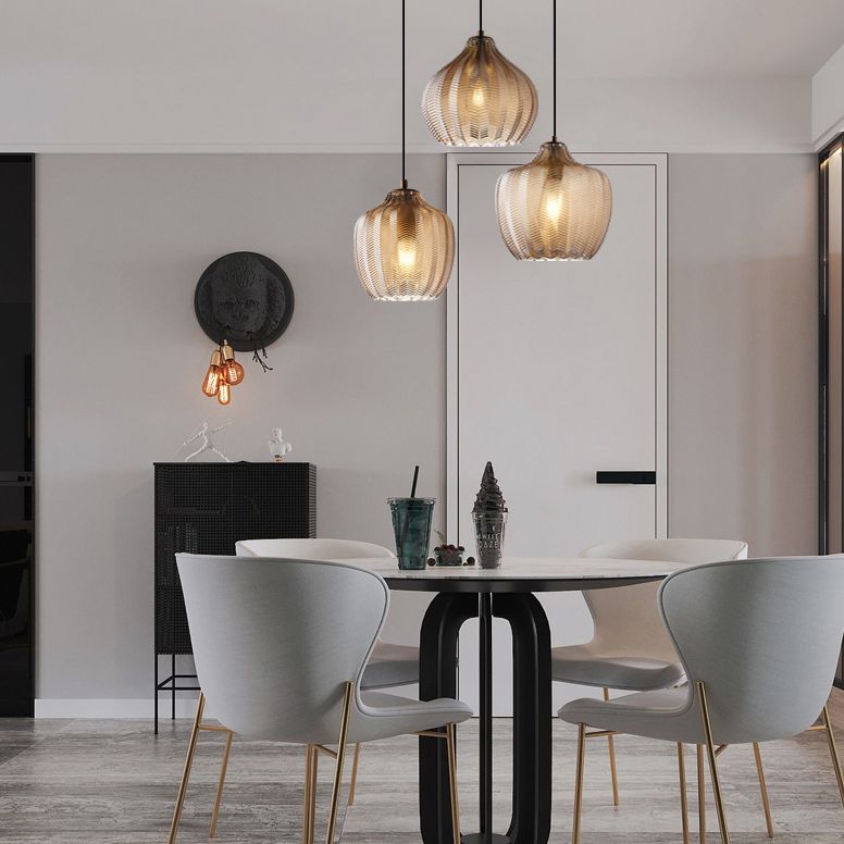 Melon Shaped Glass Suspension Lamp Nordic Style Hanging Light Fixture for Dining Room