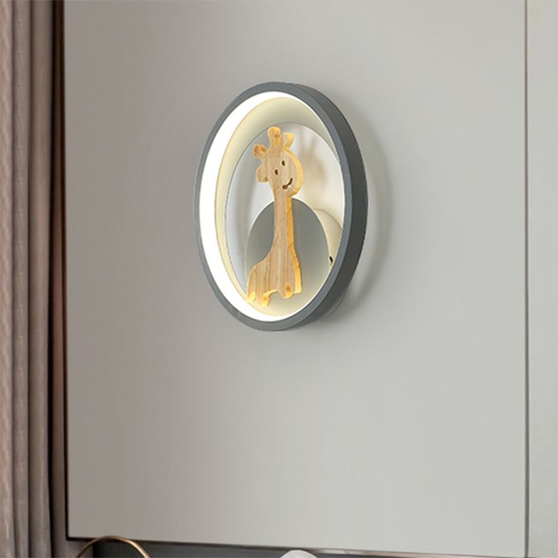 Luz de pared de anillo gris/negro LED moderno de pared acrílica de acrílico con decoración de figuras de jirafa para habitación para niños, luz cálida/blanca