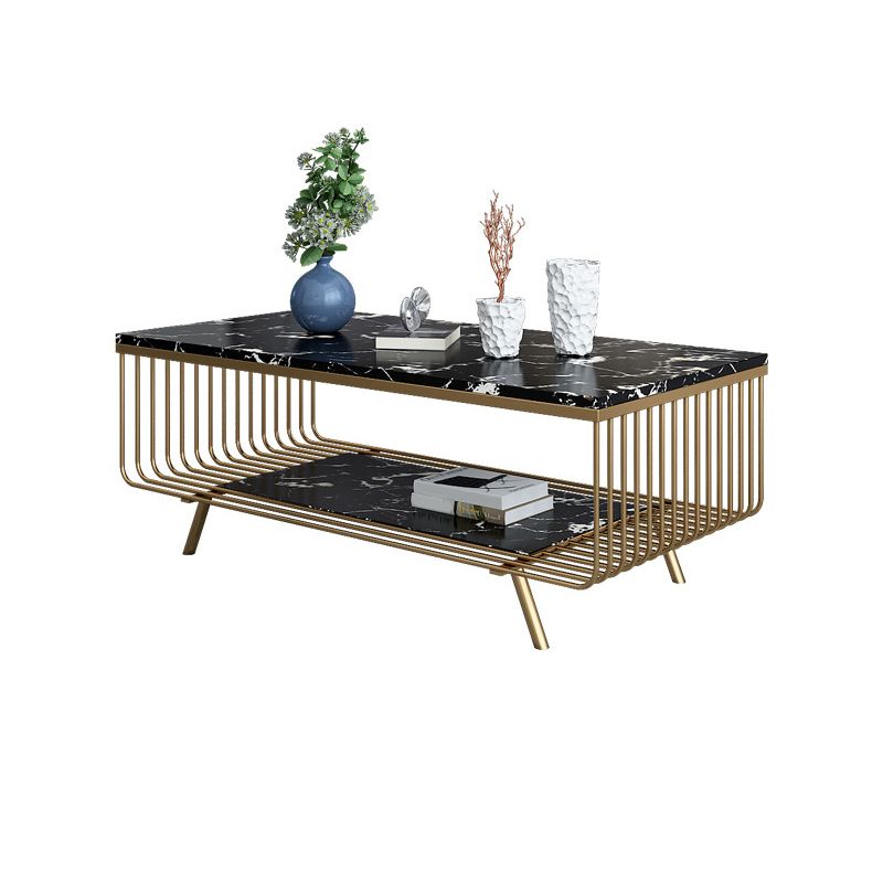 Glam 4 Legs Rectangular Marble Top Coffee Table with Storage Shelf