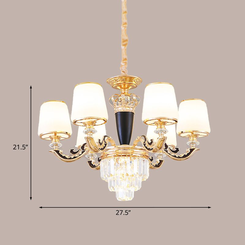 Opal Glass Cone Hanging Pendant Mid-Century 6 Heads Bedroom Chandelier in Black and Gold with Crystal Decor