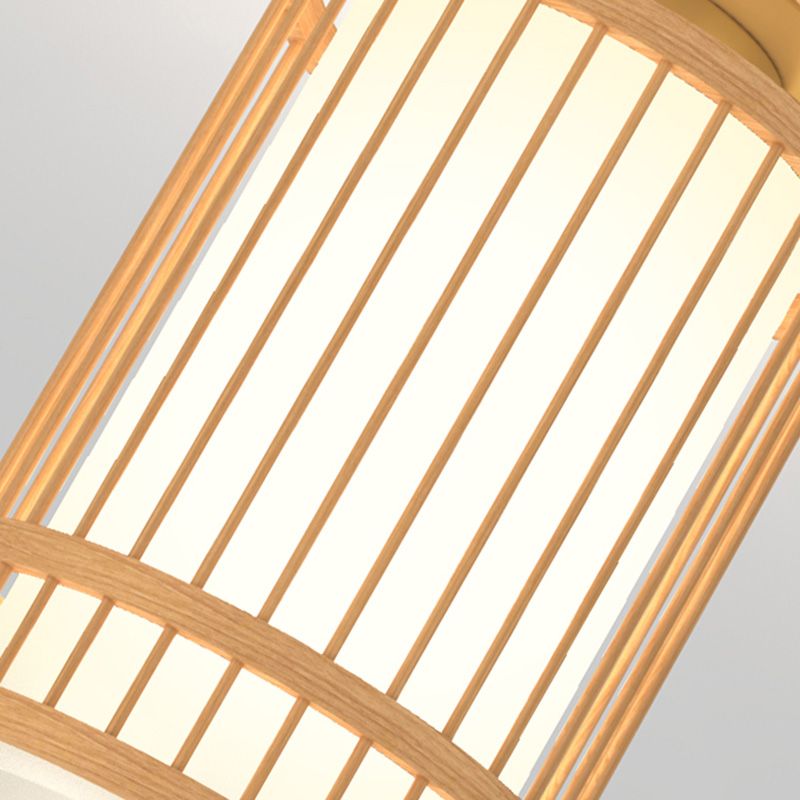 Cylinder Semi Flush Mount Lamp Asian 1-Light Natural Wood Semi Flush Mount Light with Fabric Shade