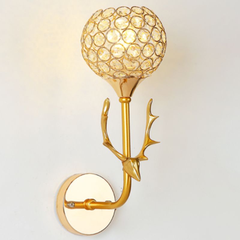 Gold Deer Head Wall Lamp Fixture Minimalist Metal Sconce Light with Ball Crystal Shade