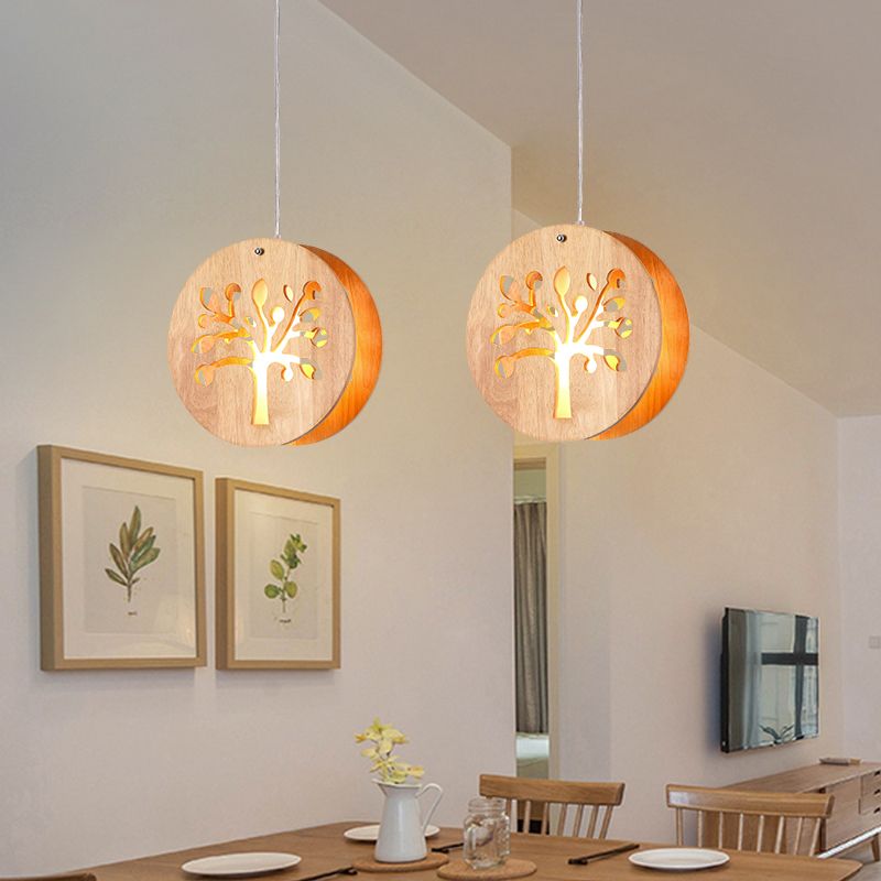 Hollowed-out Wooden Multi Pendant Light Minimalist 3-Bulb Beige Hanging Light for Dining Room