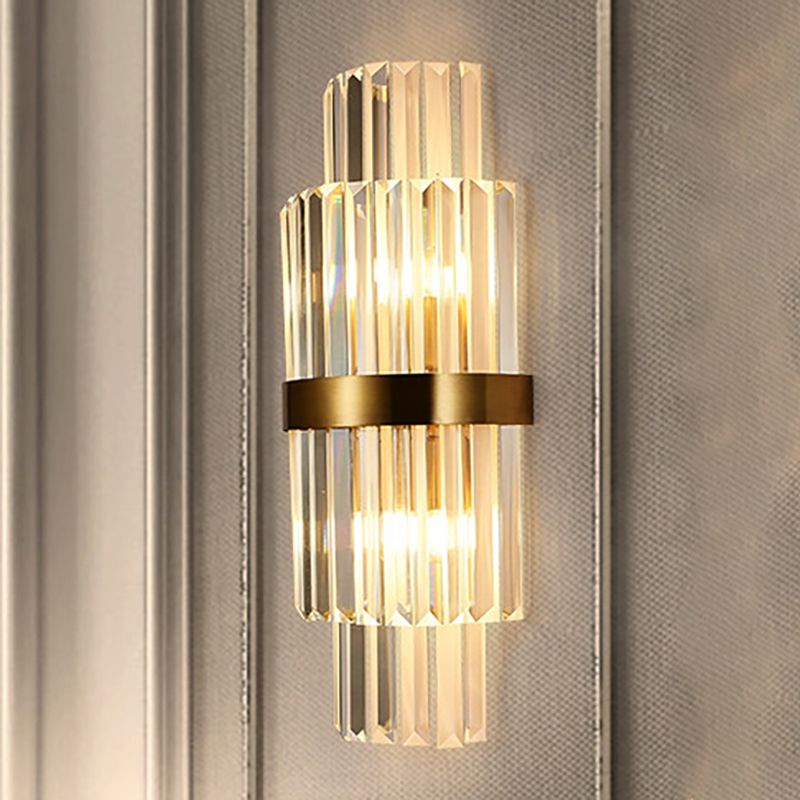Cilinder Wandverlichting Modernistisch helder kristal 2 Lichten gouden sconce lamp voor woonkamer, 18 "/21,5" Hoogte