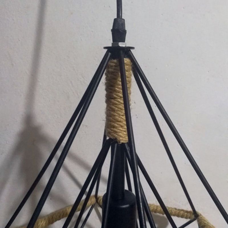 Black Rope Geometric Cage Ceiling Light Industrial Loft Hanging Light for Dining Room