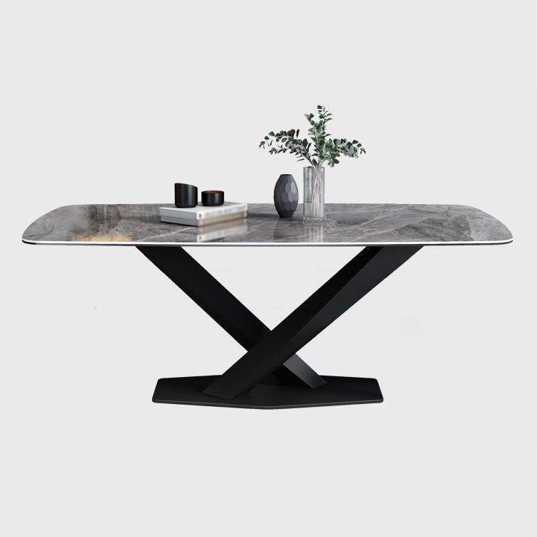 Mesa de comedor de lujo tradicional rectángulo Mesa de piedra sinterizada gris con base de pedestal de metal negro
