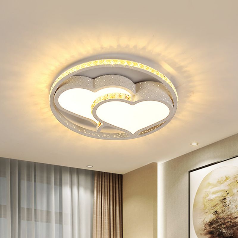 LED Parlor Ceiling Light Minimalist White Flush Mount Lighting with Loving Heart/Flower Crystal Block Shade