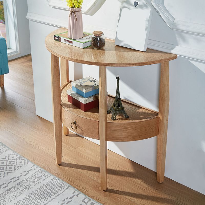 Mid-Century Modern Half Moon Wood 4 Legs Console Table in Brown