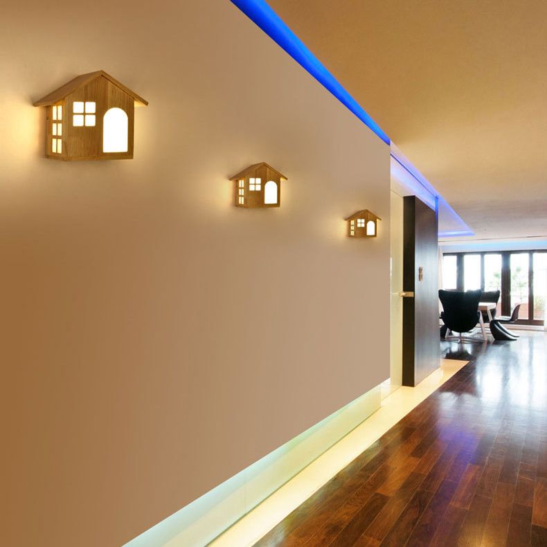 House Shape Wall Mounted Lamps Modern Simplicity Wood Wall Sconce for Living Room