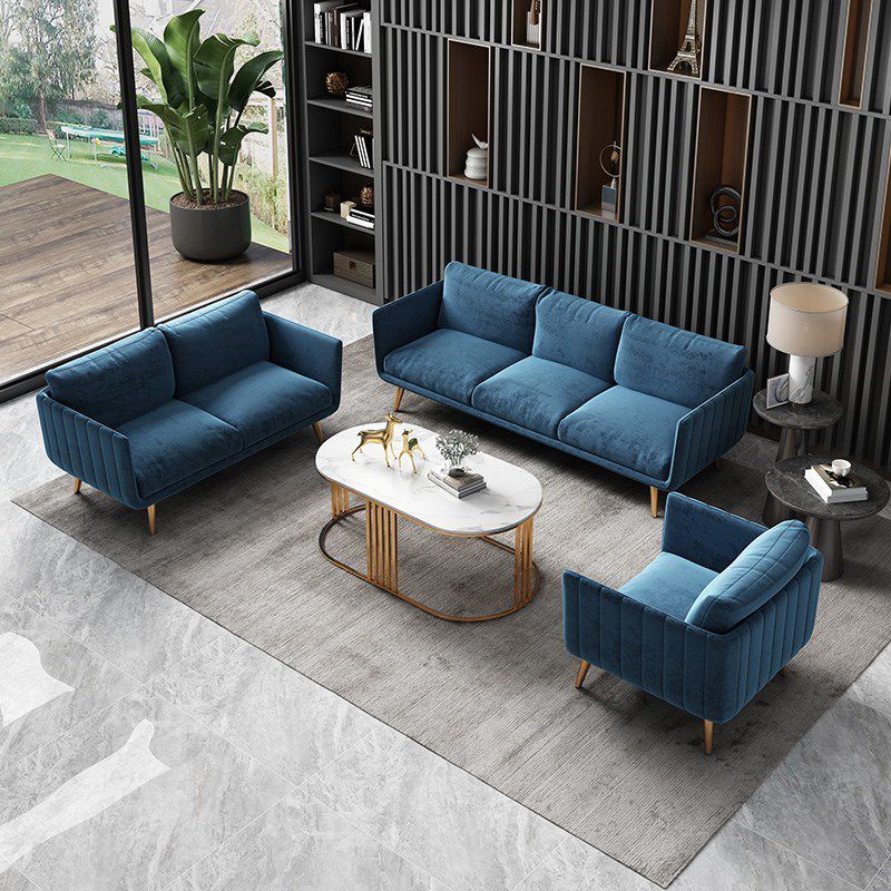 Velvet Nordic Standard Sofa Loose Back Square Arm Sofa with Brass Legs