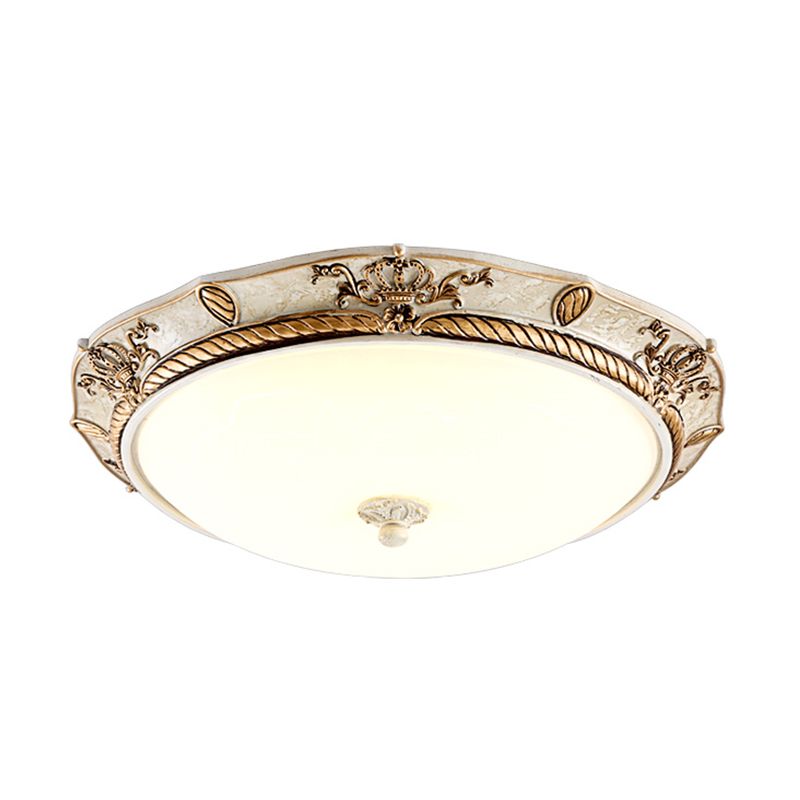 16"/19.5 W Milky Glass White-Gold Flush Light Dome Shaped LED Vintage Ceiling Mount Light Fixture for Dining Room, White/Warm Light