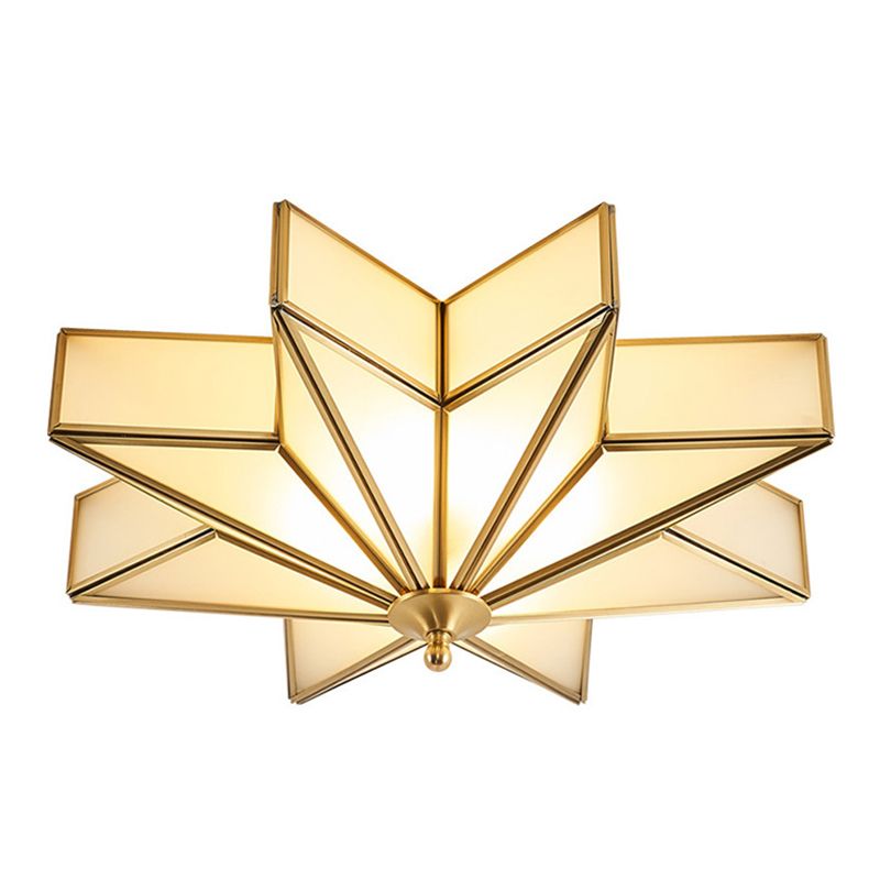 19.7 Inches Wide Octagonal Star Brass Ceiling Light White Glass Shade 4-Lights Traditional Rustic Style Flush Mount Lamp