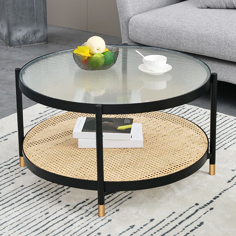 Modern Clear Glass Coffee Table with Storage Round 4 Legs Cocktail Table Set