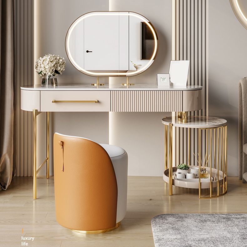 Luxurious Metal Vanity Set with Padded Stool in Beige Vanity