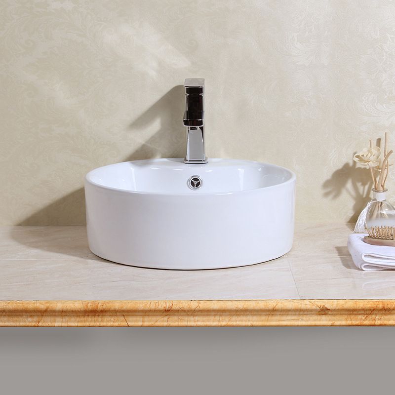 Modern Bathroom Sink Porcelain Round with Overflow and Pop-Up Drain Vessel Lavatory Sink