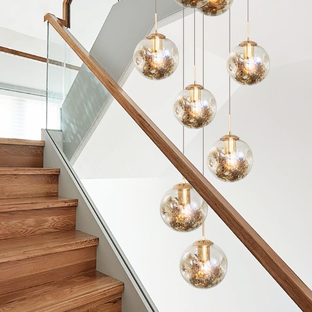 Spherical 10-Light Pendant Modern Cognac Glass Stairway Multiple Hanging Lamp with Shatter Flower Inside