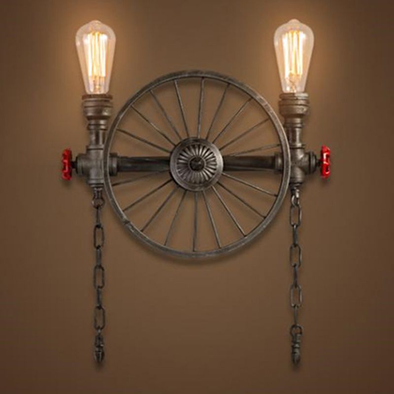 Black Wheel Wall Mounted Light Industrial Iron Garage Sconce Lamp with Decorative Chain and Valve