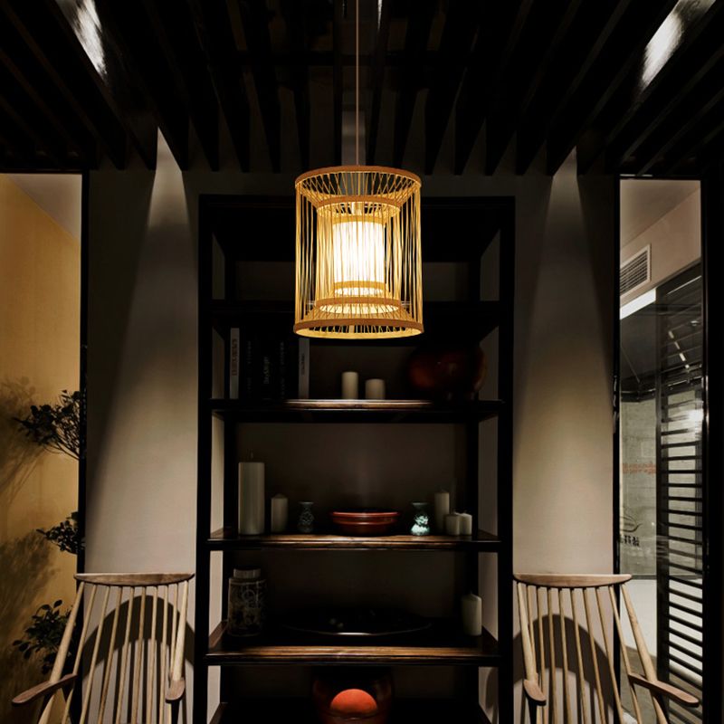 Cylindrical Suspension Light Simplicity Bamboo 1-Light Wood Pendant Light Fixture for Tea Room