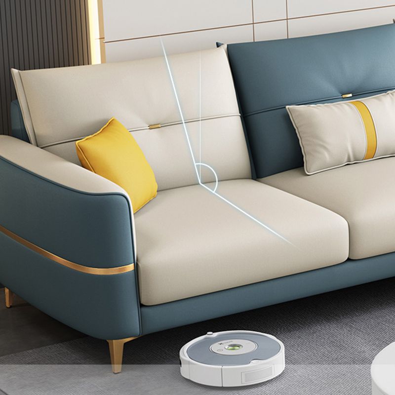 Glam Faux Leather Sofa Blue and Beige Square Arm Sofa with Pillows