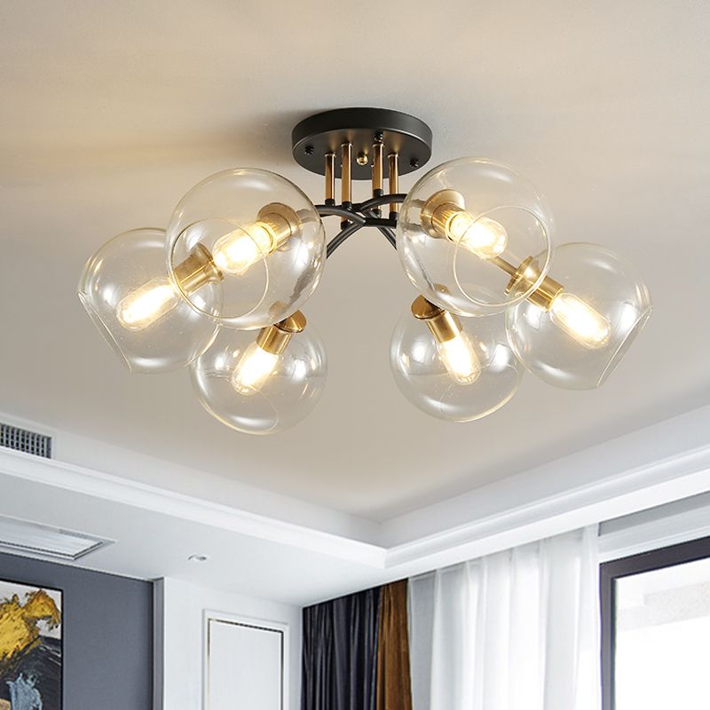 6 Heads Hotel Semi Flush Mount Vintage Black Ceiling Lighting with Orb Smoke/Clear Glass Shade