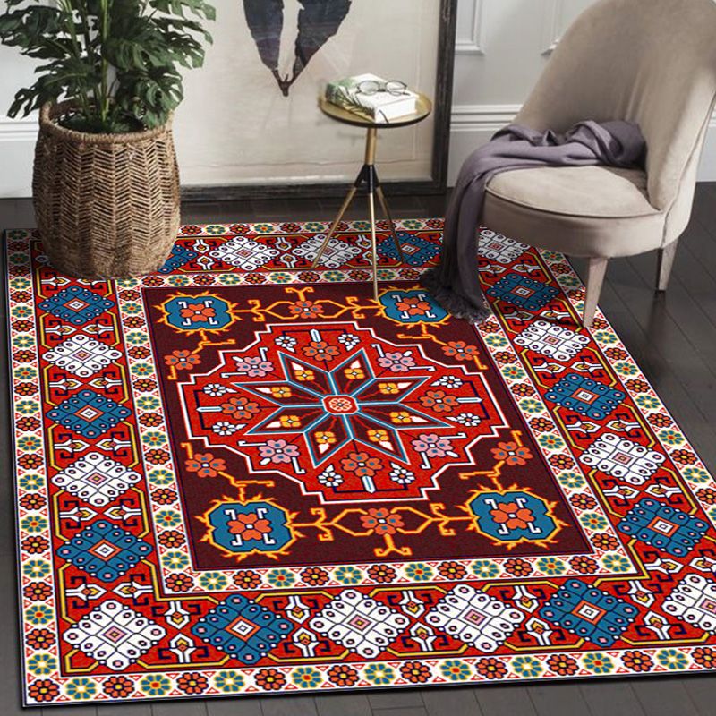Tone rouge élégant Tone marocain Symmétrique Rapis Polyester Tradition Tapis Tacon Tocage résistant au salon