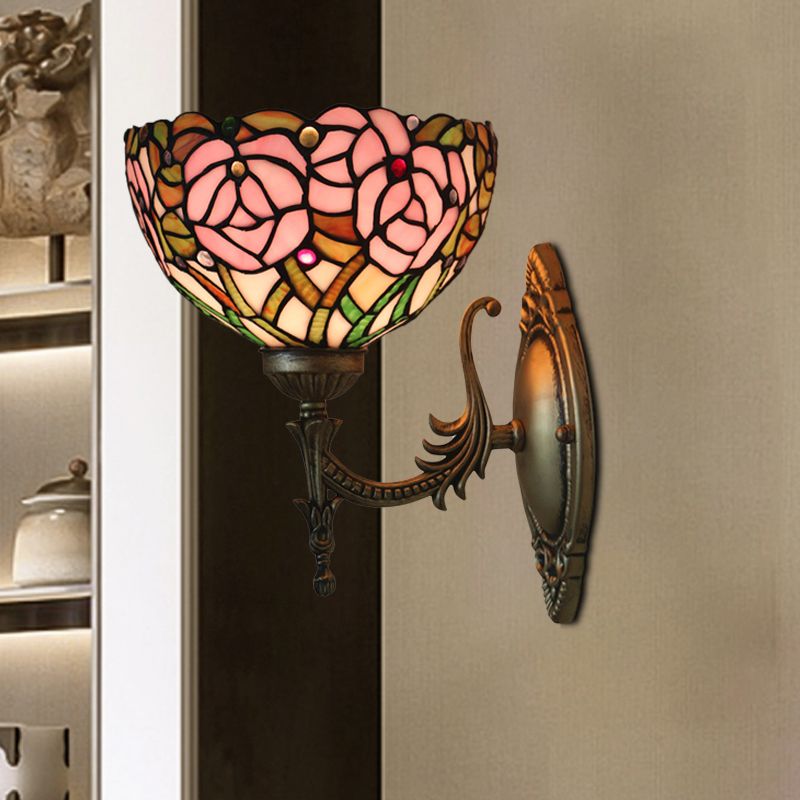 Pink Rose Wall Mount Lighting Tiffany 1 Bulb Stained Glass Sconce with Bronze Carved Arm