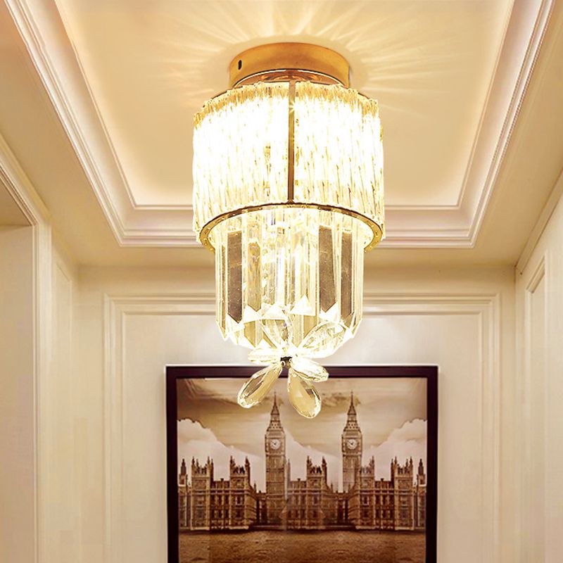 LED Hallway Ceiling Mounted Light Modern Gold Semi Flush Light Fixture with Cylinder K9 Crystal Shade