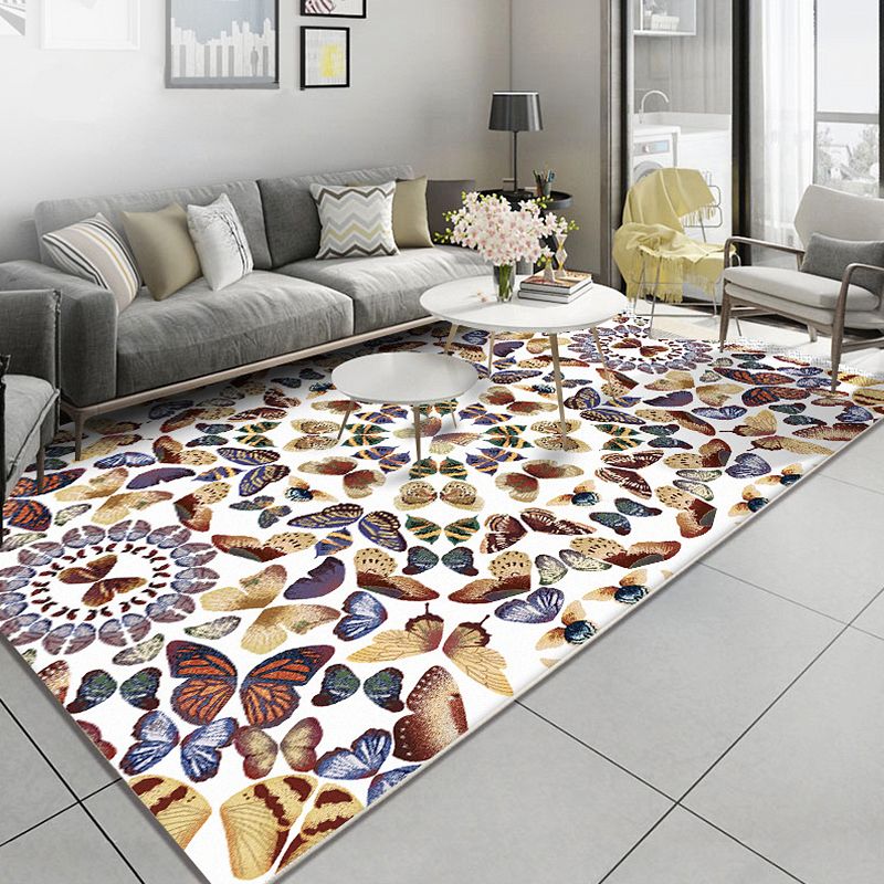 Black and White Vintage Rug Polyester Butterfly Pattern Rug Washable Non-Slip Backing Carpet for Living Room