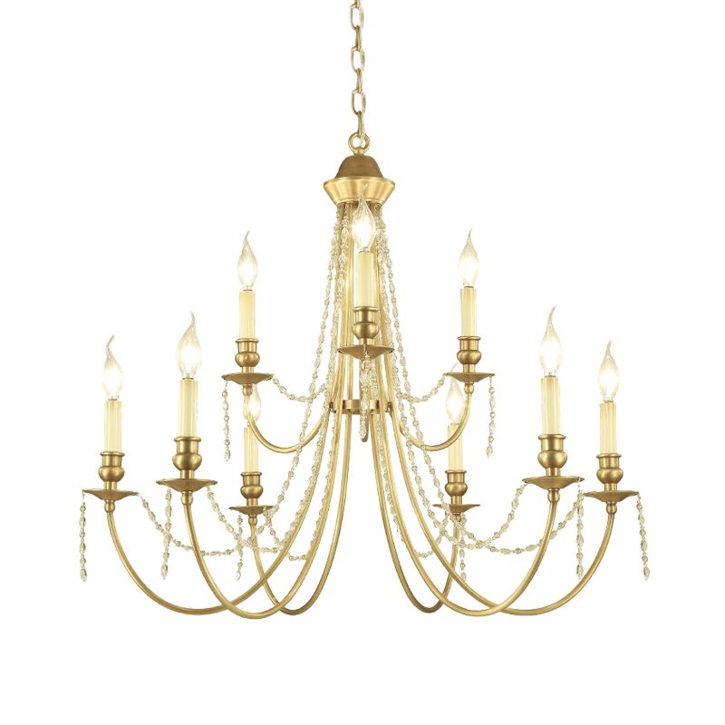 Kit de lumière suspendue à la chandelle Countryside Crystal Swag 9 lumières Gold Finish Chandelier Lampe Ayémand avec bras incurvé