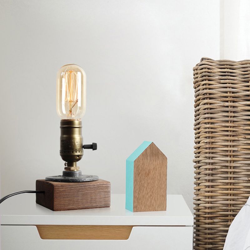 1-leichte Notfall-Messing-Tischlampe Industrial Shadeless Metal Night Lampe mit Holzbasis