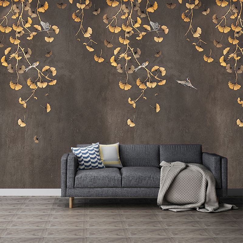 Ginkgo Mural Wallpaper in Gold and Brown, Traditional Wall Covering for Living Room