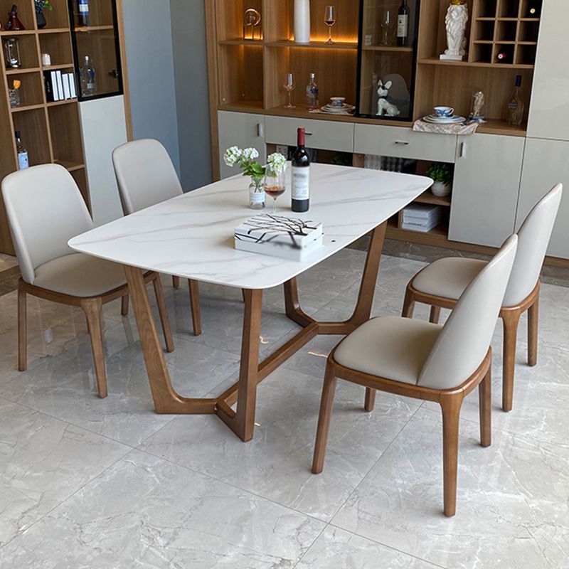 Contemporary Style White Slate Dining Table Rectangular Formal Dinette Set with Wood Base