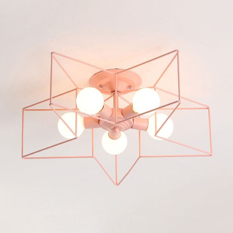 5 Bulbs Semi-Flush Ceiling Fixture with Star Cage Shade Metallic Loft Stylish Indoor Semi Flush Light in Grey/Pink