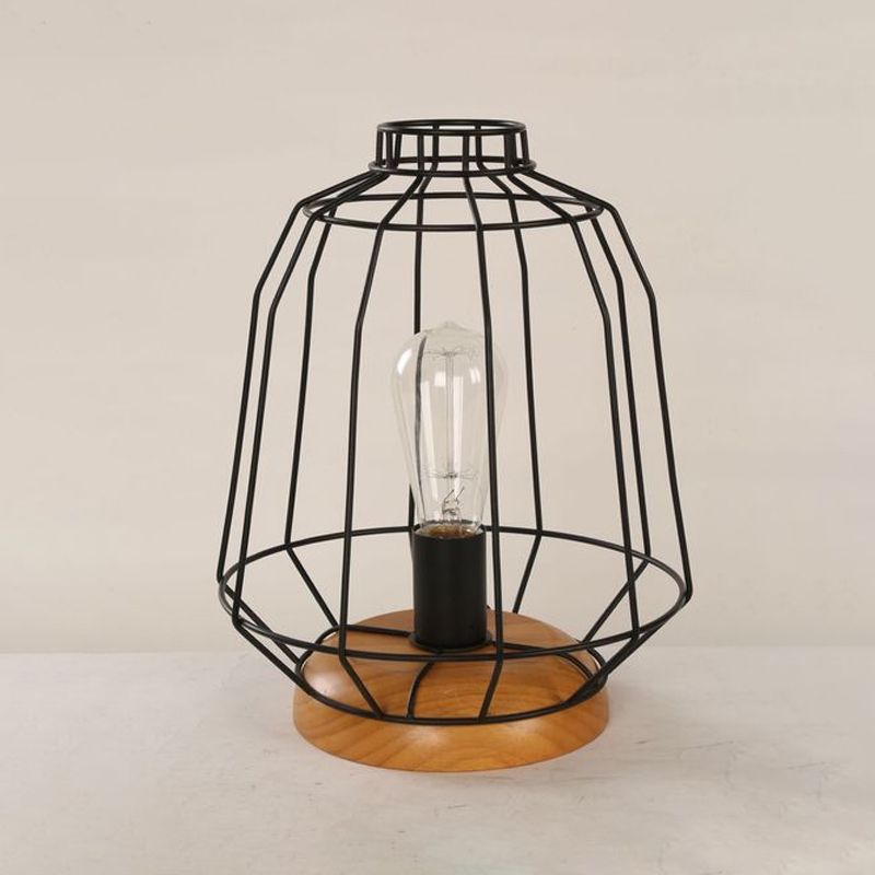 1 lampe de table de bulbe industrielle élégante poire / barillet ombre en métal et lampe à tâche en bois avec garde de fil en noir pour chambre à coucher